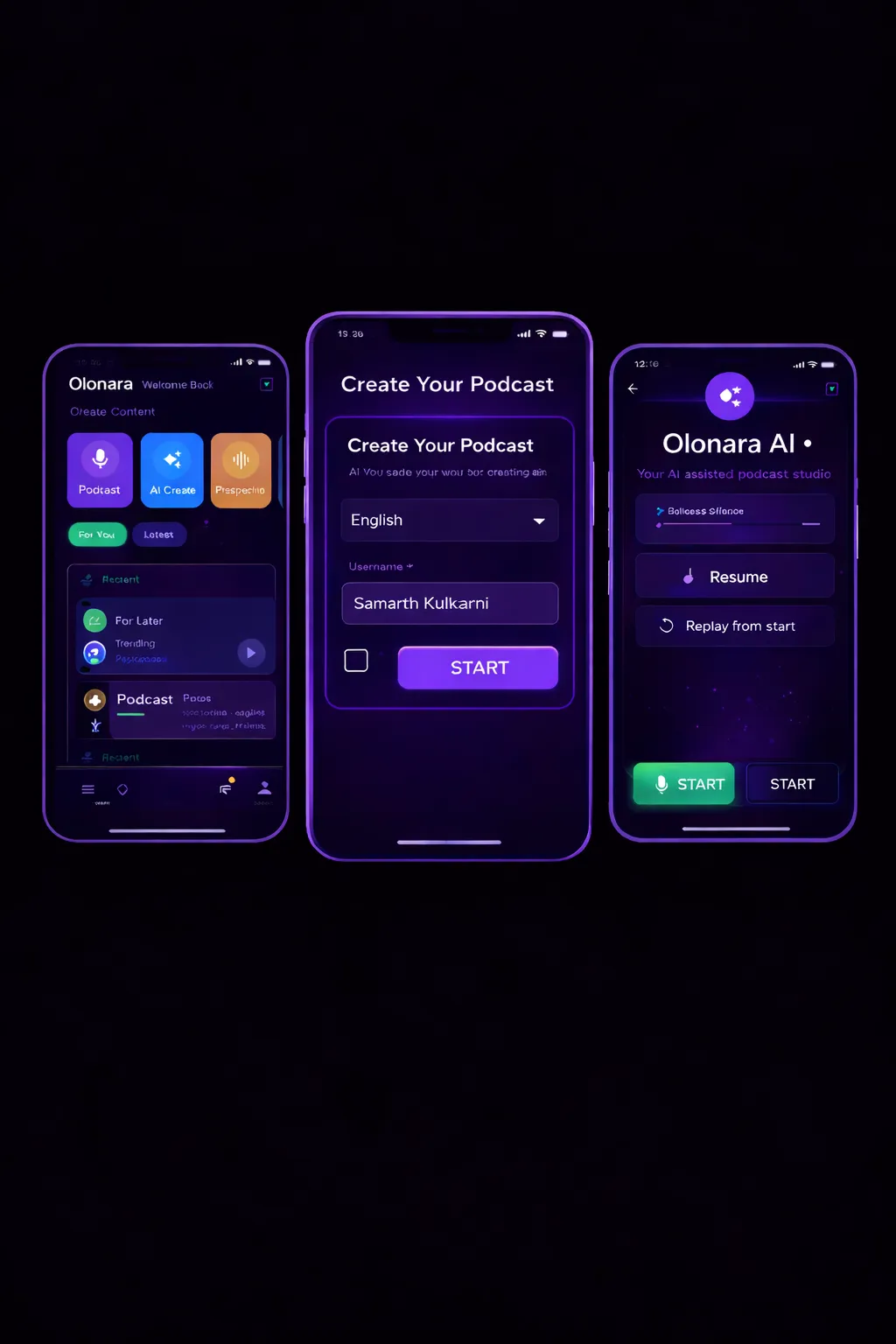Podcast feature in Olonara showing instant episode creation