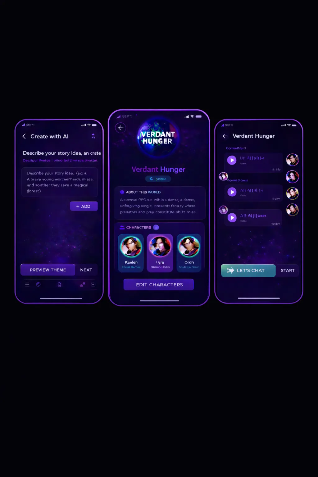 Theme feature in Olonara showing AI-generated story worlds and characters